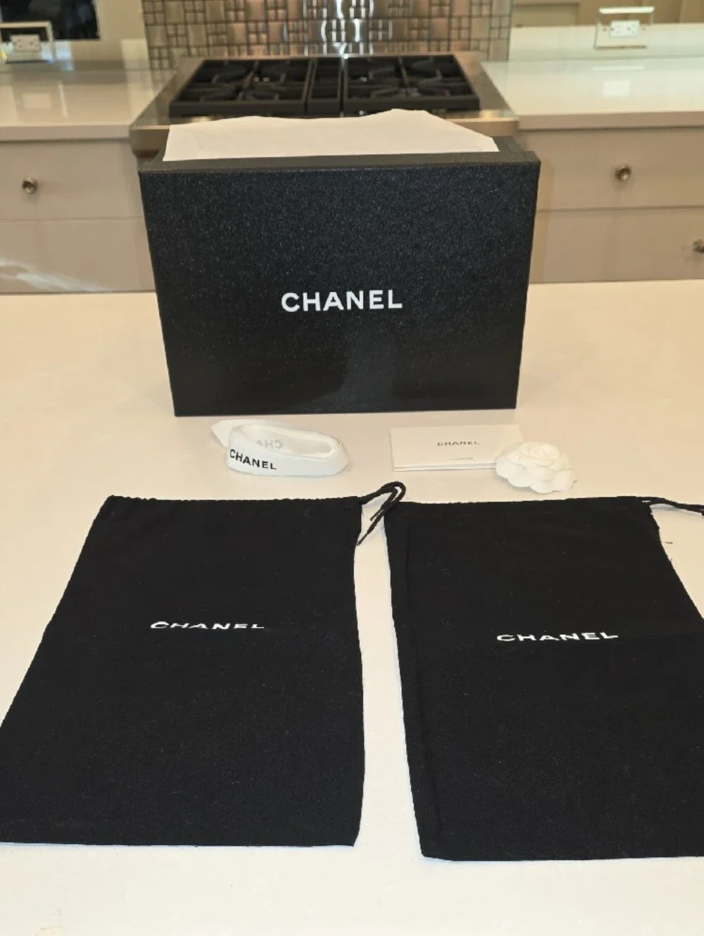 💯 Authentic CHANEL Black Branded Shoe Box with Two Black Dust Bags and Ribbon